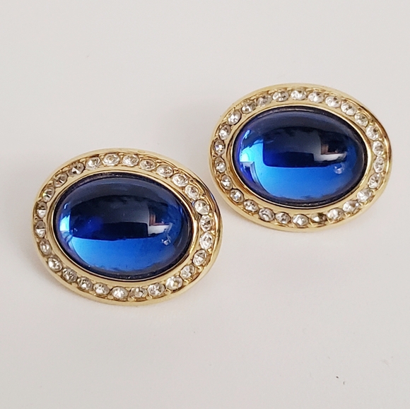 Yves Saint Laurent YSL Saphire Glass Cabachon Earrings with Rhinestone Gold Tone - Picture 6 of 7